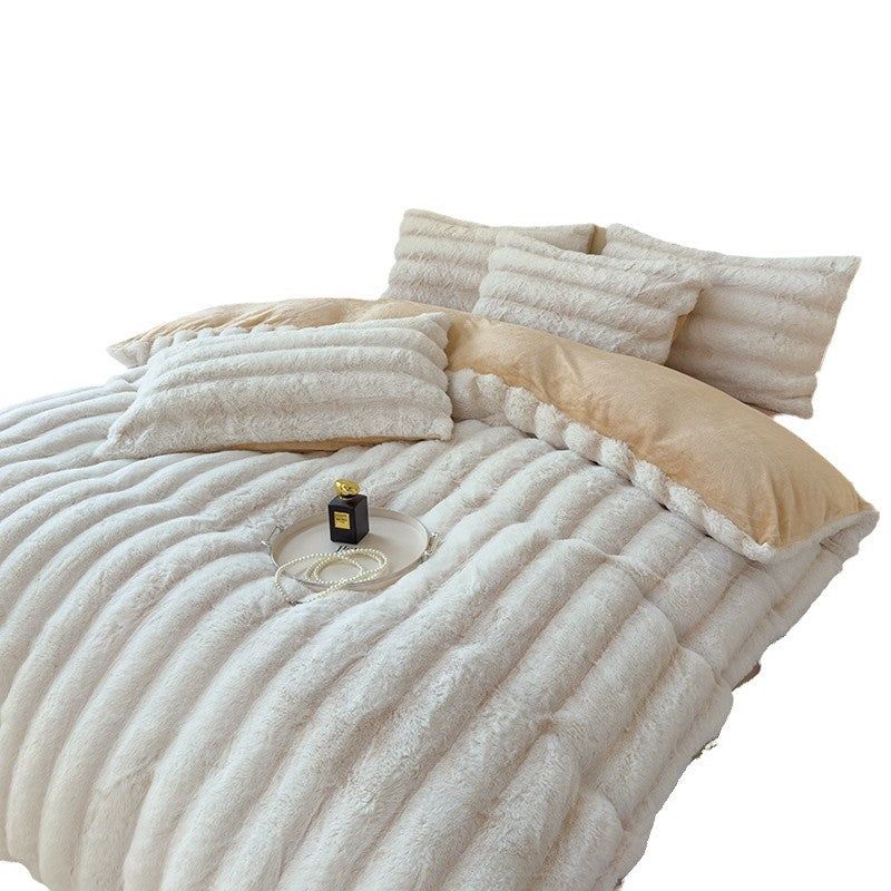 Thick Faux Rabbit Fur Fleece Bedding Set – Warm Cozy Blanket Set – Bed Blanket – Sofa Throw – Decorative Blanket – All-Season Warm Blanket – Soft Fluffy Breathable Four-Piece Set