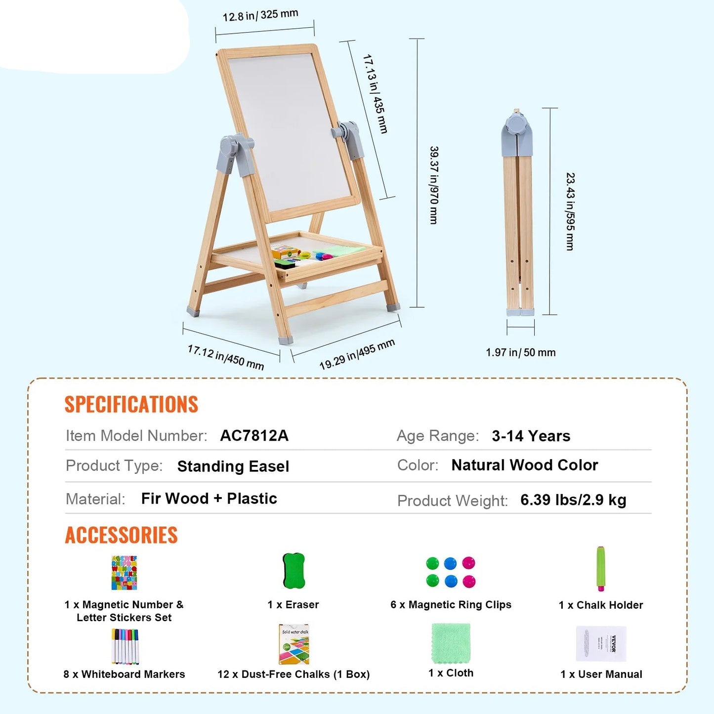 Standing Magnetic Drawing Board for Kids – Double-Sided Art Easel with Chalkboard, Whiteboard & Accessories, Adjustable Height 27–38"