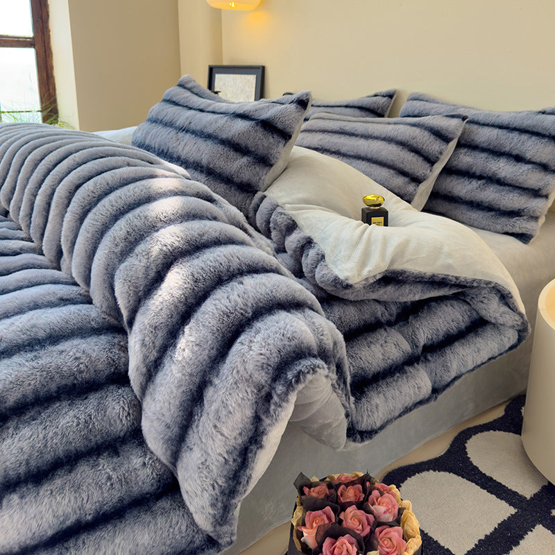 Thick Faux Rabbit Fur Fleece Bedding Set – Warm Cozy Blanket Set – Bed Blanket – Sofa Throw – Decorative Blanket – All-Season Warm Blanket – Soft Fluffy Breathable Four-Piece Set