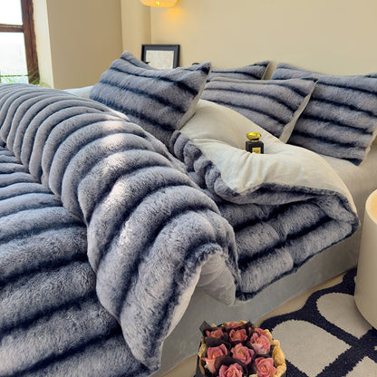 Thick Faux Rabbit Fur Fleece Bedding Set – Warm Cozy Blanket Set – Bed Blanket – Sofa Throw – Decorative Blanket – All-Season Warm Blanket – Soft Fluffy Breathable Four-Piece Set