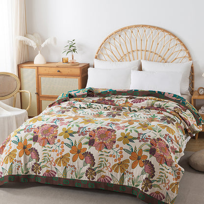 Flower Pattern Four-Layer Pure Cotton Gauze Blanket – Bed Throw – Sofa Throw – Decorative Blanket – All-Season Blanket – Machine Washable Blanket