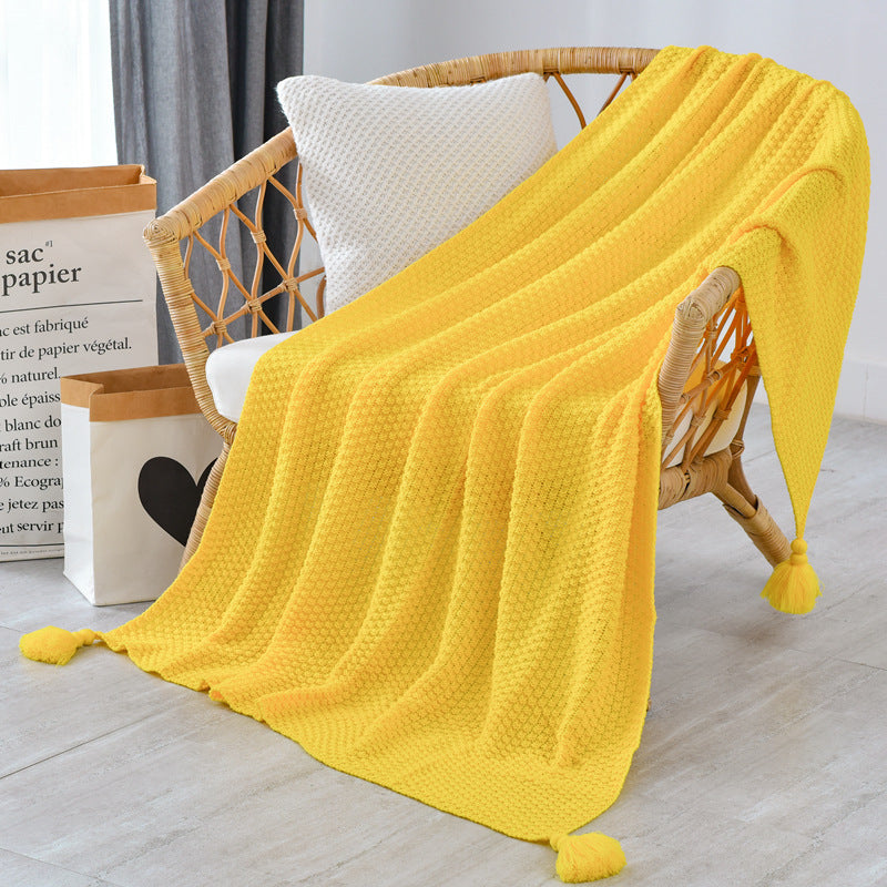 Knitted Tassel Throw Blanket – Soft Acrylic Knit – Lightweight Cozy Decorative Bed & Sofa Throw