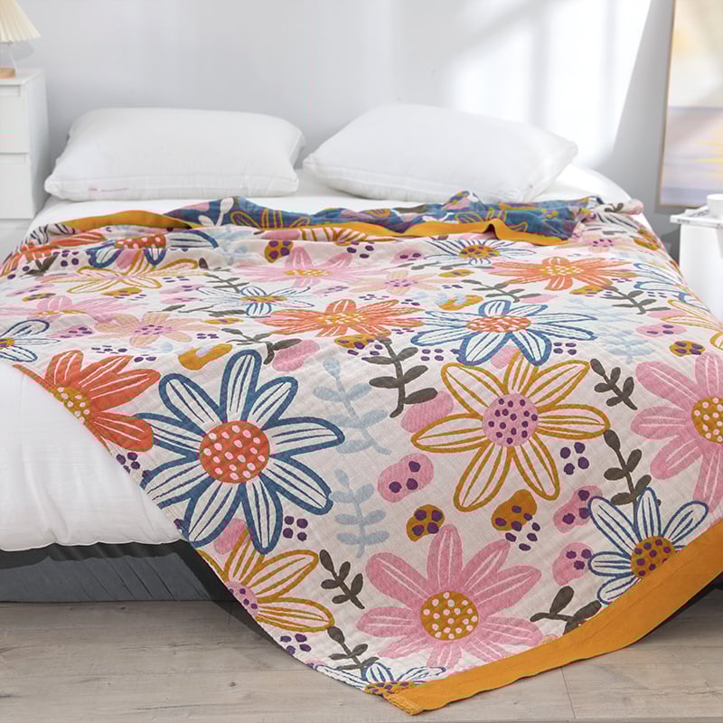 Floral Pure Cotton Multi-Layer Gauze Quilt – Lightweight Breathable Muslin Blanket for Bed & Sofa