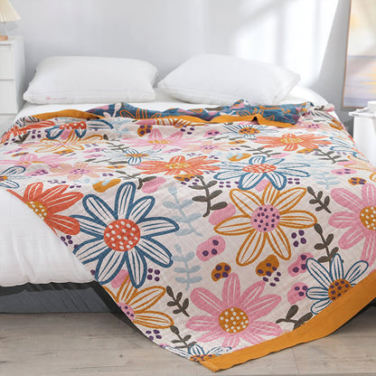 Floral Pure Cotton Multi-Layer Gauze Quilt – Lightweight Breathable Muslin Blanket for Bed & Sofa
