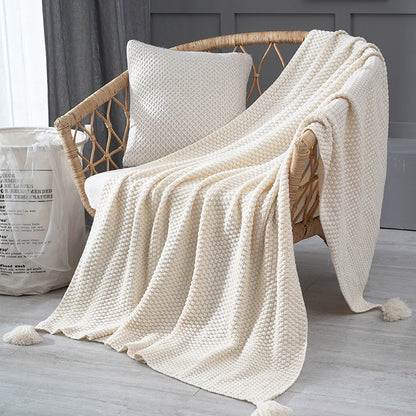 Knitted Tassel Throw Blanket – Soft Acrylic Knit – Lightweight Cozy Decorative Bed & Sofa Throw