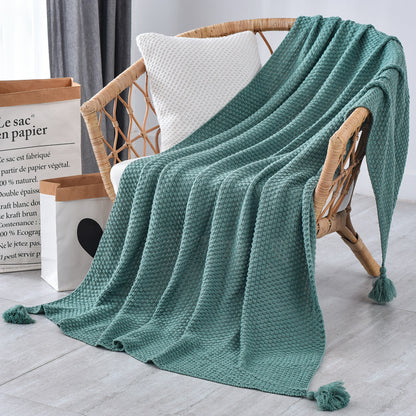 Knitted Tassel Throw Blanket – Soft Acrylic Knit – Lightweight Cozy Decorative Bed & Sofa Throw