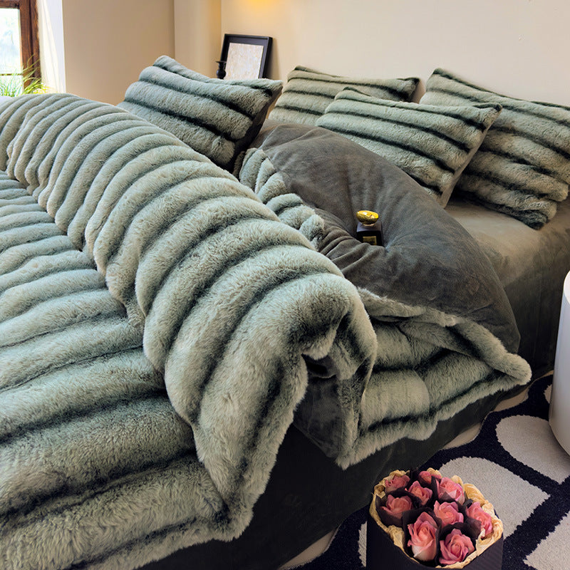 Thick Faux Rabbit Fur Fleece Bedding Set – Warm Cozy Blanket Set – Bed Blanket – Sofa Throw – Decorative Blanket – All-Season Warm Blanket – Soft Fluffy Breathable Four-Piece Set