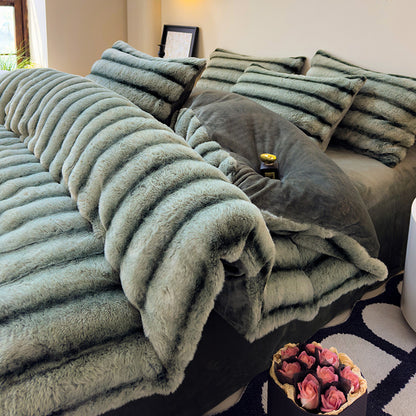 Thick Faux Rabbit Fur Fleece Bedding Set – Warm Cozy Blanket Set – Bed Blanket – Sofa Throw – Decorative Blanket – All-Season Warm Blanket – Soft Fluffy Breathable Four-Piece Set