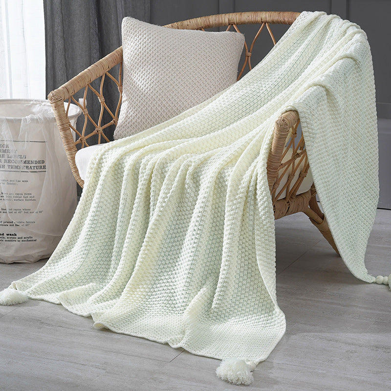 Knitted Tassel Throw Blanket – Soft Acrylic Knit – Lightweight Cozy Decorative Bed & Sofa Throw