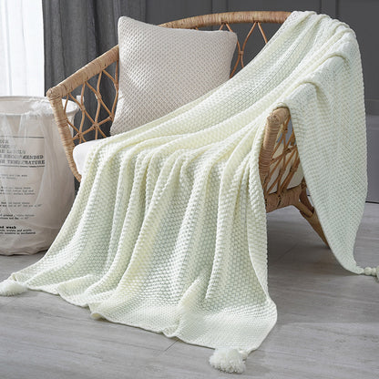 Knitted Tassel Throw Blanket – Soft Acrylic Knit – Lightweight Cozy Decorative Bed & Sofa Throw