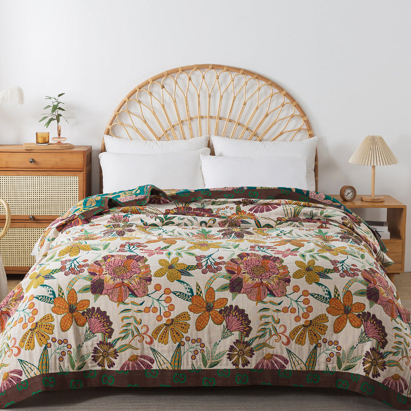 Flower Pattern Four-Layer Pure Cotton Gauze Blanket – Bed Throw – Sofa Throw – Decorative Blanket – All-Season Blanket – Machine Washable Blanket