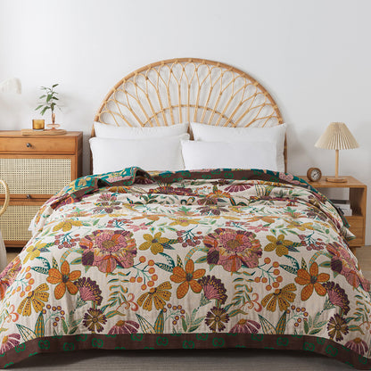 Flower Pattern Four-Layer Pure Cotton Gauze Blanket – Bed Throw – Sofa Throw – Decorative Blanket – All-Season Blanket – Machine Washable Blanket