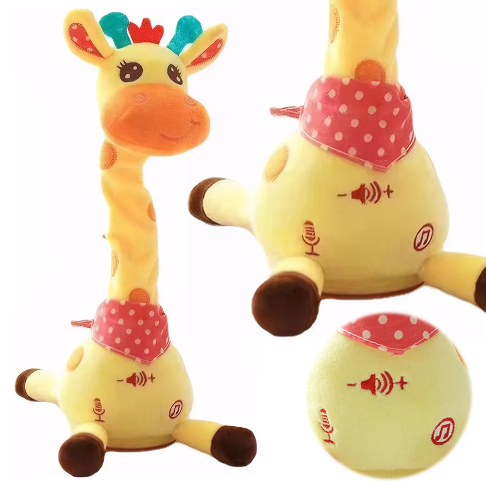 Back view of the interactive giraffe plush toy highlighting battery compartment and durable construction