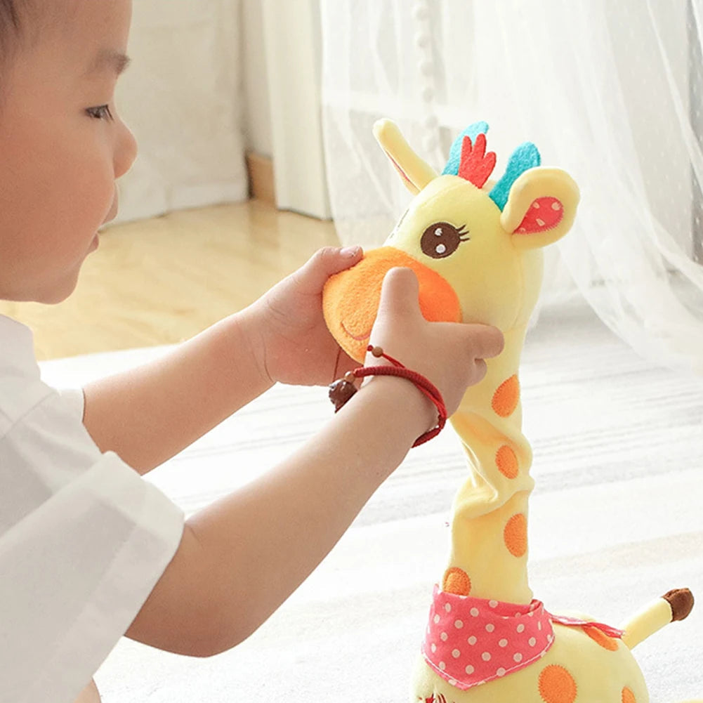 Interactive giraffe plush toy repeating a child’s voice, perfect for language learning