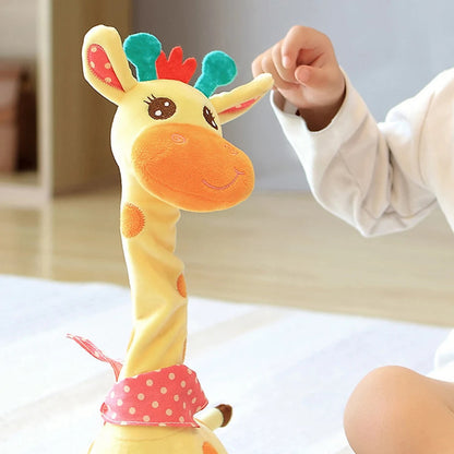 Giraffe plush toy demonstrating record and playback feature for songs and messages