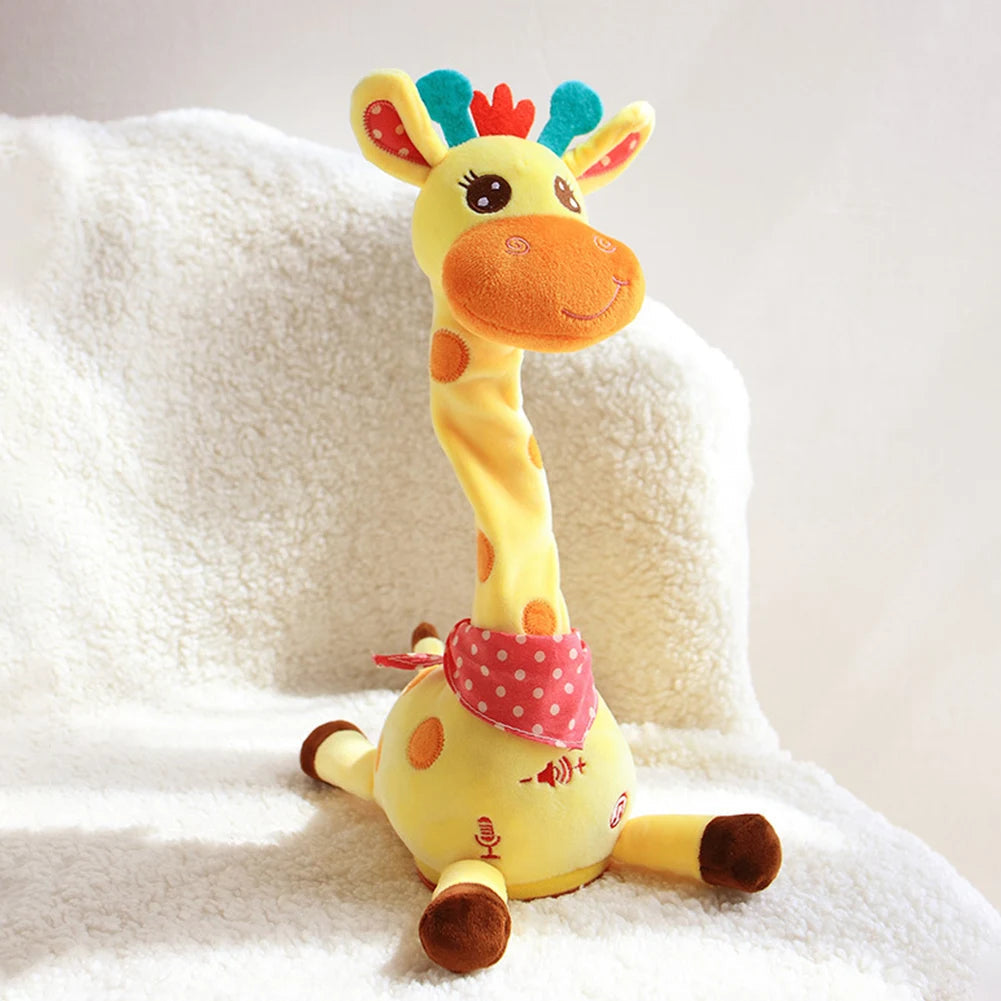 Front view of the Dancing Talking Giraffe Plush Toy – interactive voice repeating, LED lights, and dancing moves for kids
