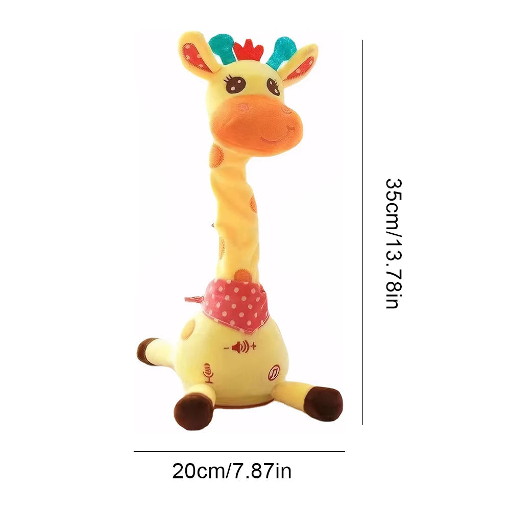Side view of the giraffe plush toy showing soft plush design and embroidered details