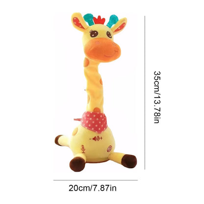 Side view of the giraffe plush toy showing soft plush design and embroidered details