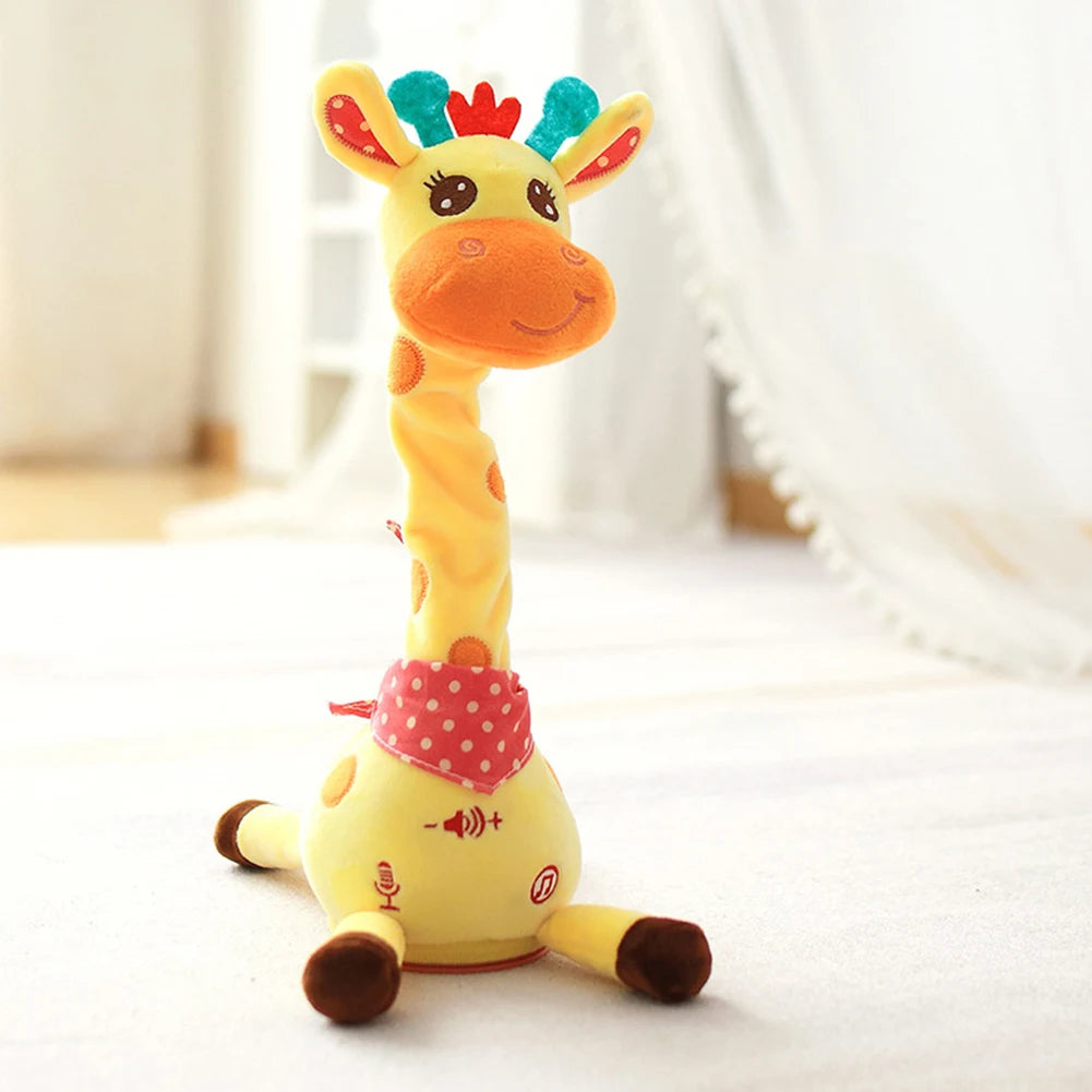 Close-up of giraffe plush toy glowing LED lights while dancing for toddlers