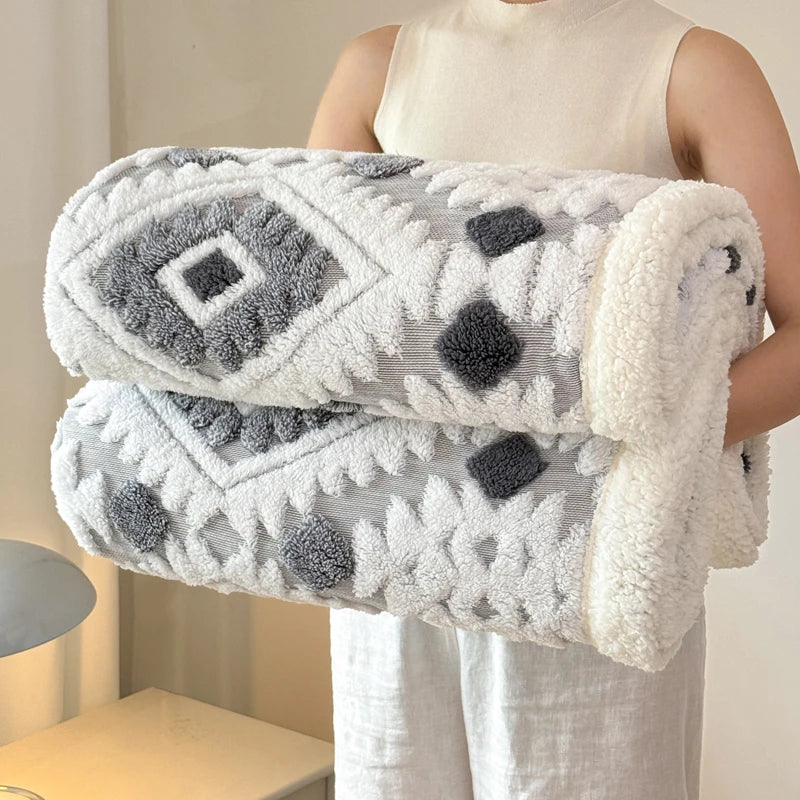 Geometric Pattern Jacquard Sherpa Throw Blanket
