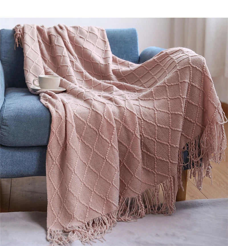 Knitted Throw Blanket – Diamond Pattern Soft Acrylic Knit – Cozy Lightweight Decorative Sofa & Bed Throw