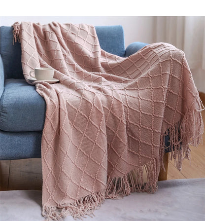 Knitted Throw Blanket – Diamond Pattern Soft Acrylic Knit – Cozy Lightweight Decorative Sofa & Bed Throw