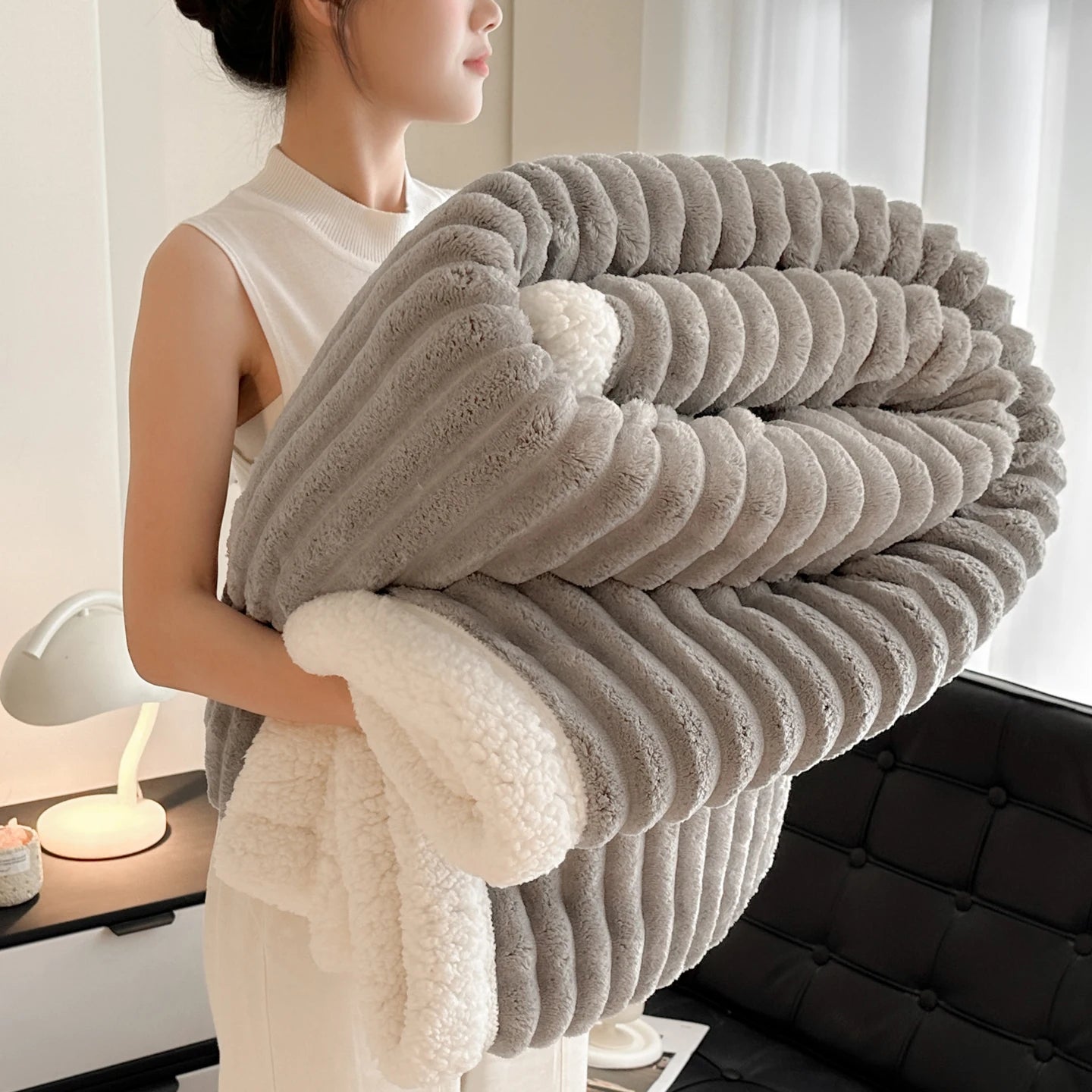 Striped Fleece & Sherpa Reversible Throw Blanket