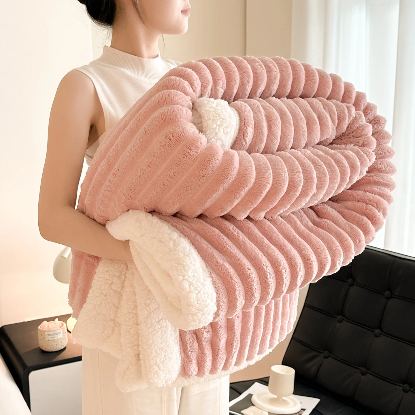 Striped Fleece & Sherpa Reversible Throw Blanket