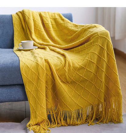 Knitted Throw Blanket – Diamond Pattern Soft Acrylic Knit – Cozy Lightweight Decorative Sofa & Bed Throw