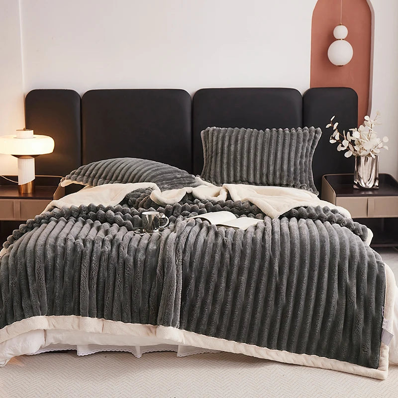 Fluffy Fleece Throw Blanket – Thick Warm Bed Blanket – Sofa Throw – Couch Blanket – Cozy Plush Blanket – Striped Decorative Blanket – All-Season Blanket