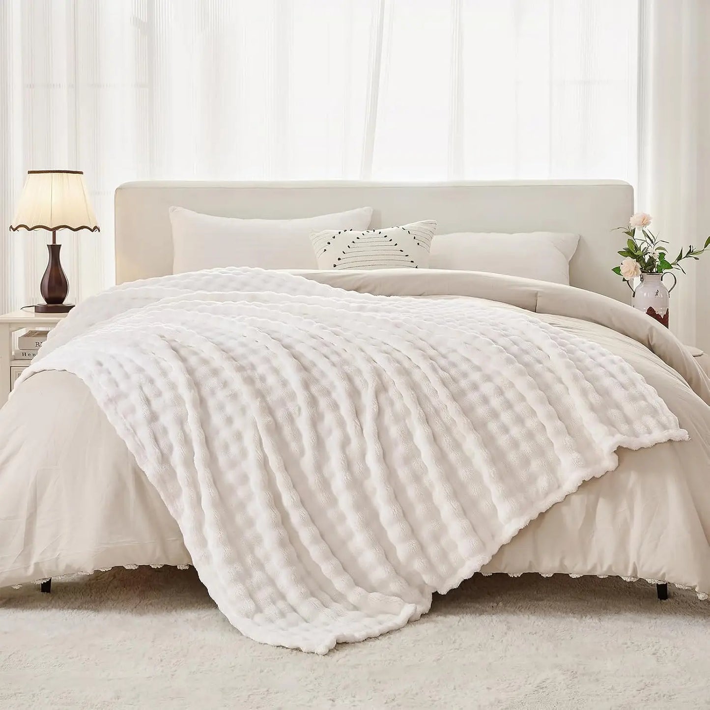 Plush Fleece Throw Blanket – Striped Reversible Textured Blanket – Soft Lightweight Cozy Warm All-Season Throw