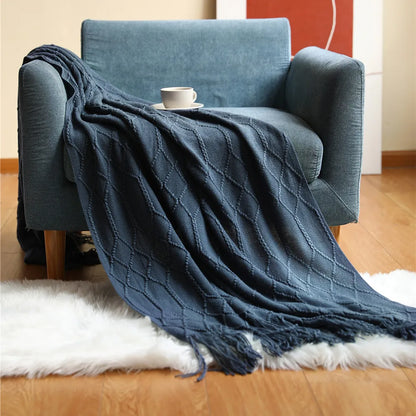 Knitted Throw Blanket – Diamond Pattern Soft Acrylic Knit – Cozy Lightweight Decorative Sofa & Bed Throw