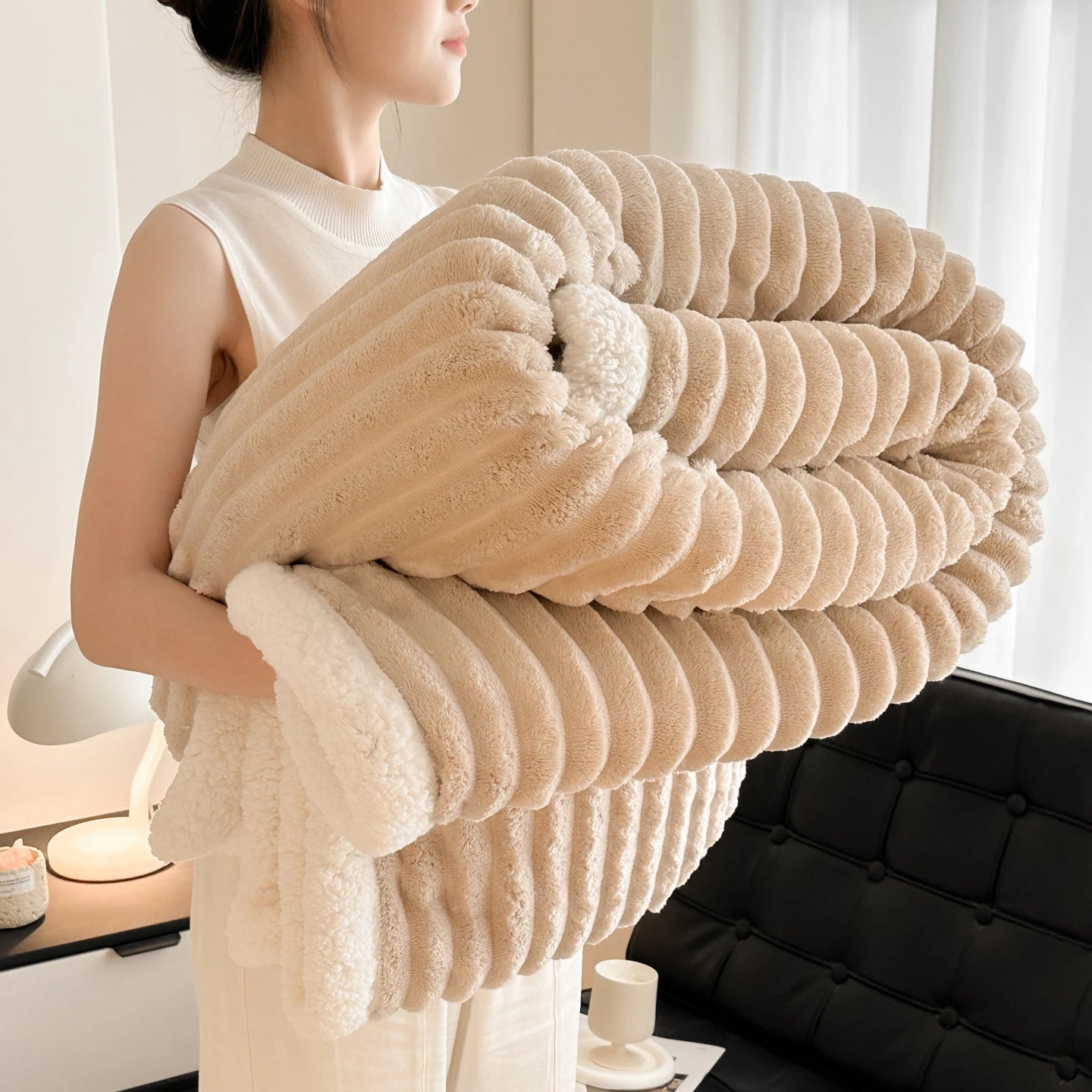 Striped Fleece & Sherpa Reversible Throw Blanket