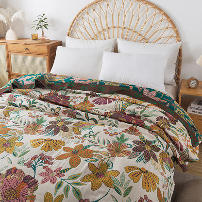 Flower Pattern Four-Layer Pure Cotton Gauze Blanket – Bed Throw – Sofa Throw – Decorative Blanket – All-Season Blanket – Machine Washable Blanket