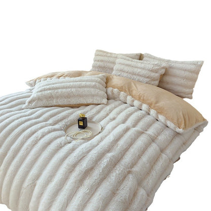 Thick Faux Rabbit Fur Fleece Bedding Set – Warm Cozy Blanket Set – Bed Blanket – Sofa Throw – Decorative Blanket – All-Season Warm Blanket – Soft Fluffy Breathable Four-Piece Set