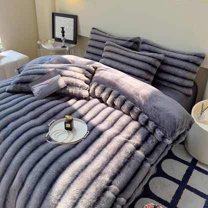 Thick Faux Rabbit Fur Fleece Bedding Set – Warm Cozy Blanket Set – Bed Blanket – Sofa Throw – Decorative Blanket – All-Season Warm Blanket – Soft Fluffy Breathable Four-Piece Set