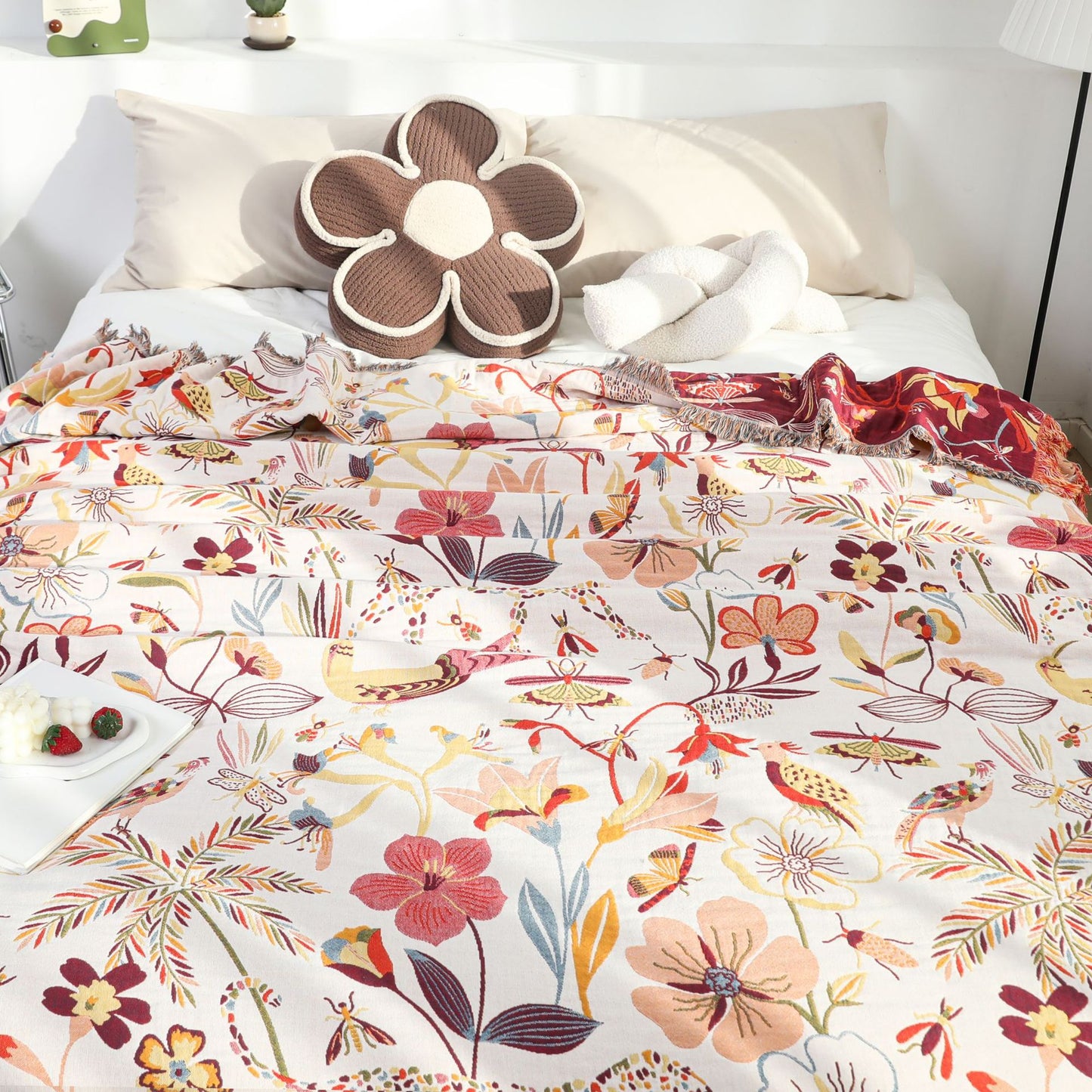 Floral Reversible Cotton Gauze Blanket – Bed Throw – Sofa Throw – Decorative Blanket – All-Season Blanket – Lightweight Blanket – Machine Washable