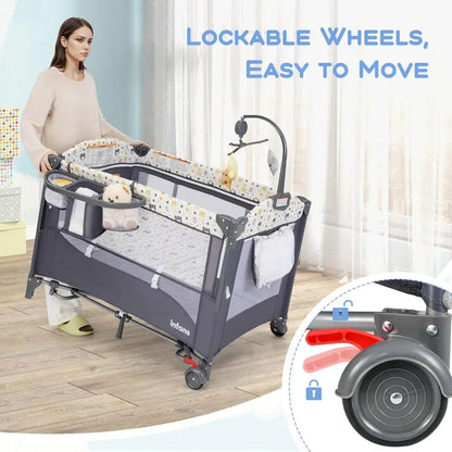 5-in-1 Baby Bedside Sleeper – Bassinet, Diaper Changer, Mattress & Carry Bag with Music Box and Hanging Toys