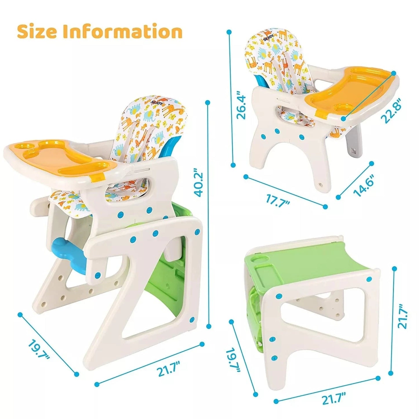 3-in-1 Adjustable Baby High Chair – Reclining Seat, Removable Double Tray, Convertible Feeding Chair for Infants & Toddlers