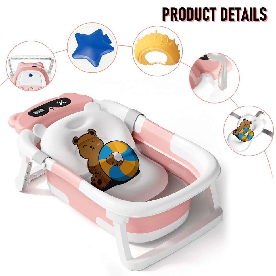 Foldable Baby Bathtub with Support Cushion – Non-Slip, Compact, and Safe for Newborns