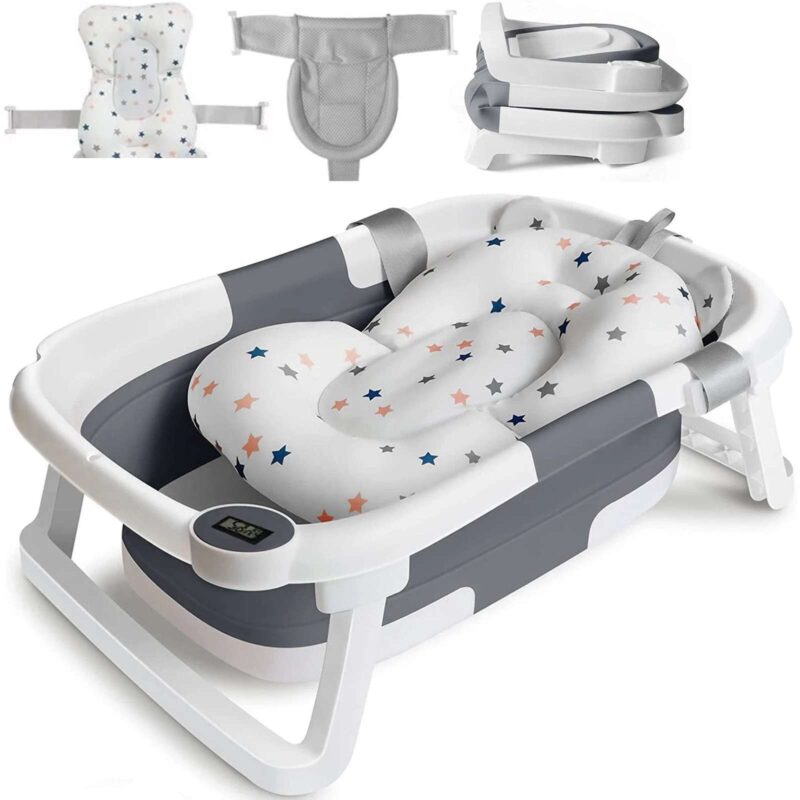 Foldable Baby Bathtub with Soft Cushion and Temperature Sensor – Compact, Safe, and Non-Slip