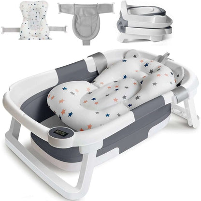 Foldable Baby Bathtub with Soft Cushion and Temperature Sensor – Compact, Safe, and Non-Slip