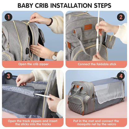 3-in-1 Baby Diaper Bag with Portable Bassinet and Changing Station – Large Capacity and Waterproof