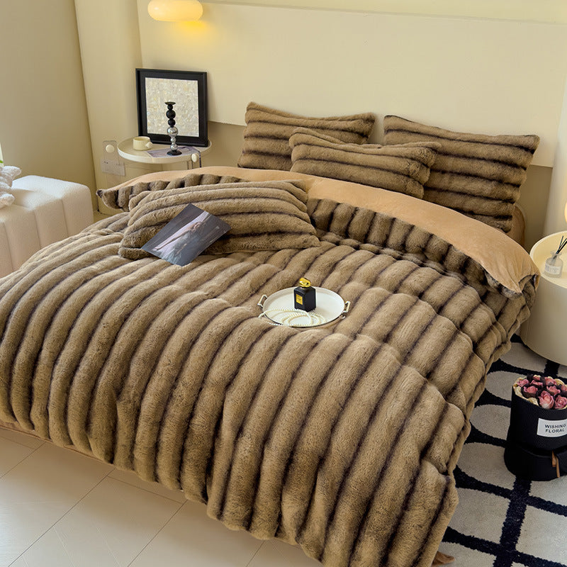 Thick Faux Rabbit Fur Fleece Bedding Set – Warm Cozy Blanket Set – Bed Blanket – Sofa Throw – Decorative Blanket – All-Season Warm Blanket – Soft Fluffy Breathable Four-Piece Set