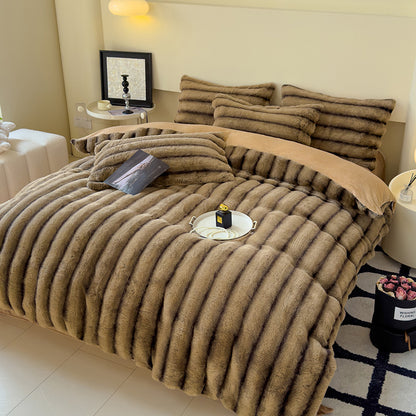 Thick Faux Rabbit Fur Fleece Bedding Set – Warm Cozy Blanket Set – Bed Blanket – Sofa Throw – Decorative Blanket – All-Season Warm Blanket – Soft Fluffy Breathable Four-Piece Set