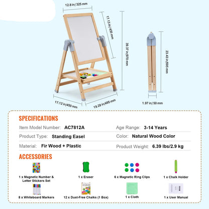 Standing Magnetic Drawing Board for Kids – Double-Sided Art Easel with Chalkboard, Whiteboard & Accessories, Adjustable Height 27–38"