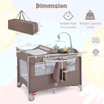 Cuna bebé portátil 5 en 1 con cambiador, moisés, correa de seguridad y entrada lateral con cremallera
