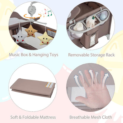 Cuna bebé portátil 5 en 1 con cambiador, moisés, correa de seguridad y entrada lateral con cremallera
