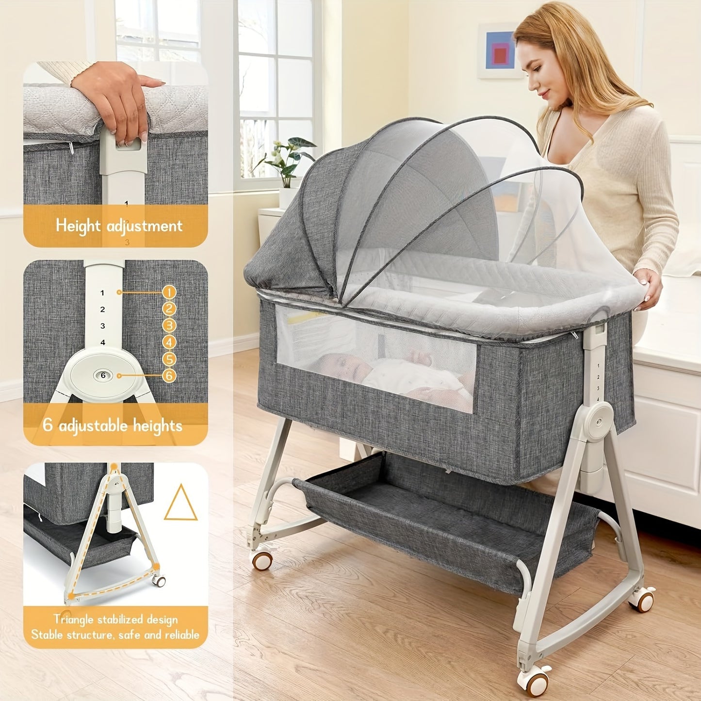 3-in-1 Baby Co-Sleeping Crib with Wheels, Adjustable Height, and Mosquito Net Canopy – Foldable Design with Bottom Storage Basket