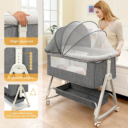 3-in-1 Baby Co-Sleeping Crib with Wheels, Adjustable Height, and Mosquito Net Canopy – Foldable Design with Bottom Storage Basket